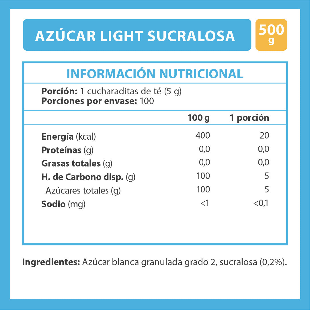 Azúcar Blanca Light Con Sucralosa 500 Gr