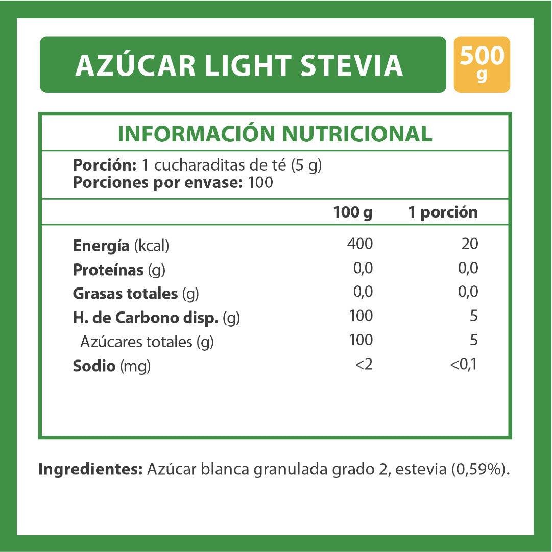Azúcar Blanca Light Con Stevia 500 Gr