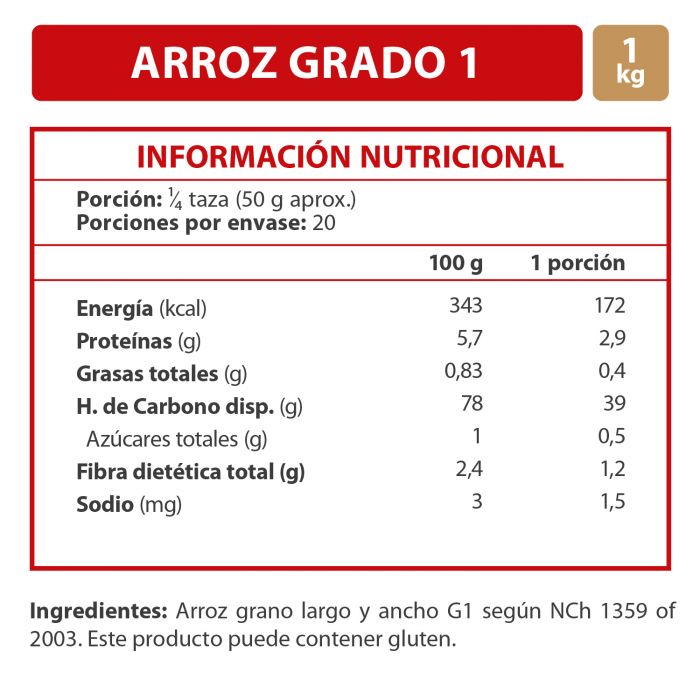 Arroz Grado 1 Grano Largo Ancho 1 Kg
