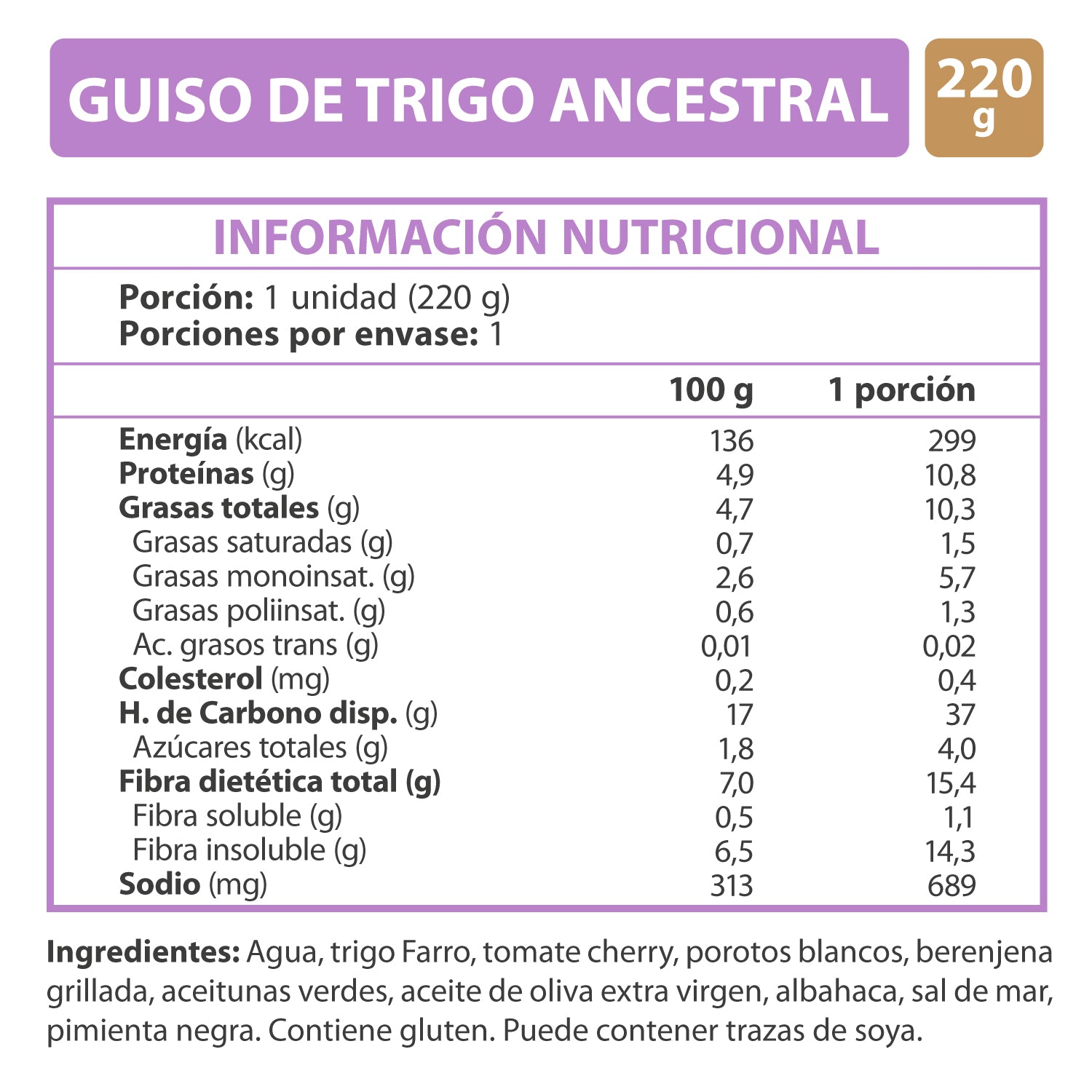 Plato Listo Ya! Guiso De Trigo Ancestral 220 Gr